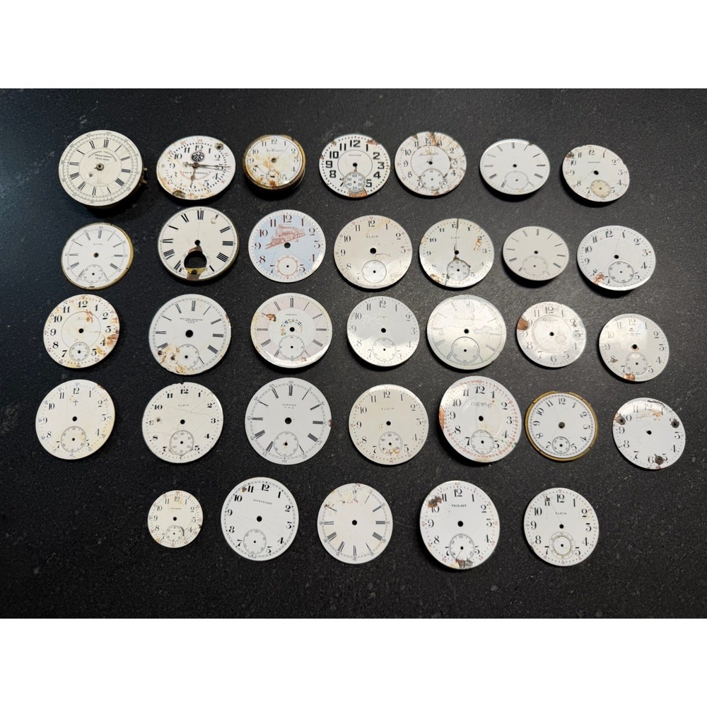 Porcelain Watch Dial Lot 33 Pocket Watch Faces Elgin Waltham Parts Repair Art